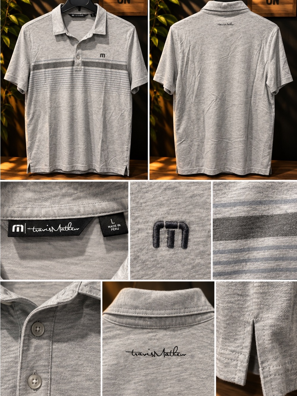Travis Mathew Light Gray Heather Polo with Subtle Stripe